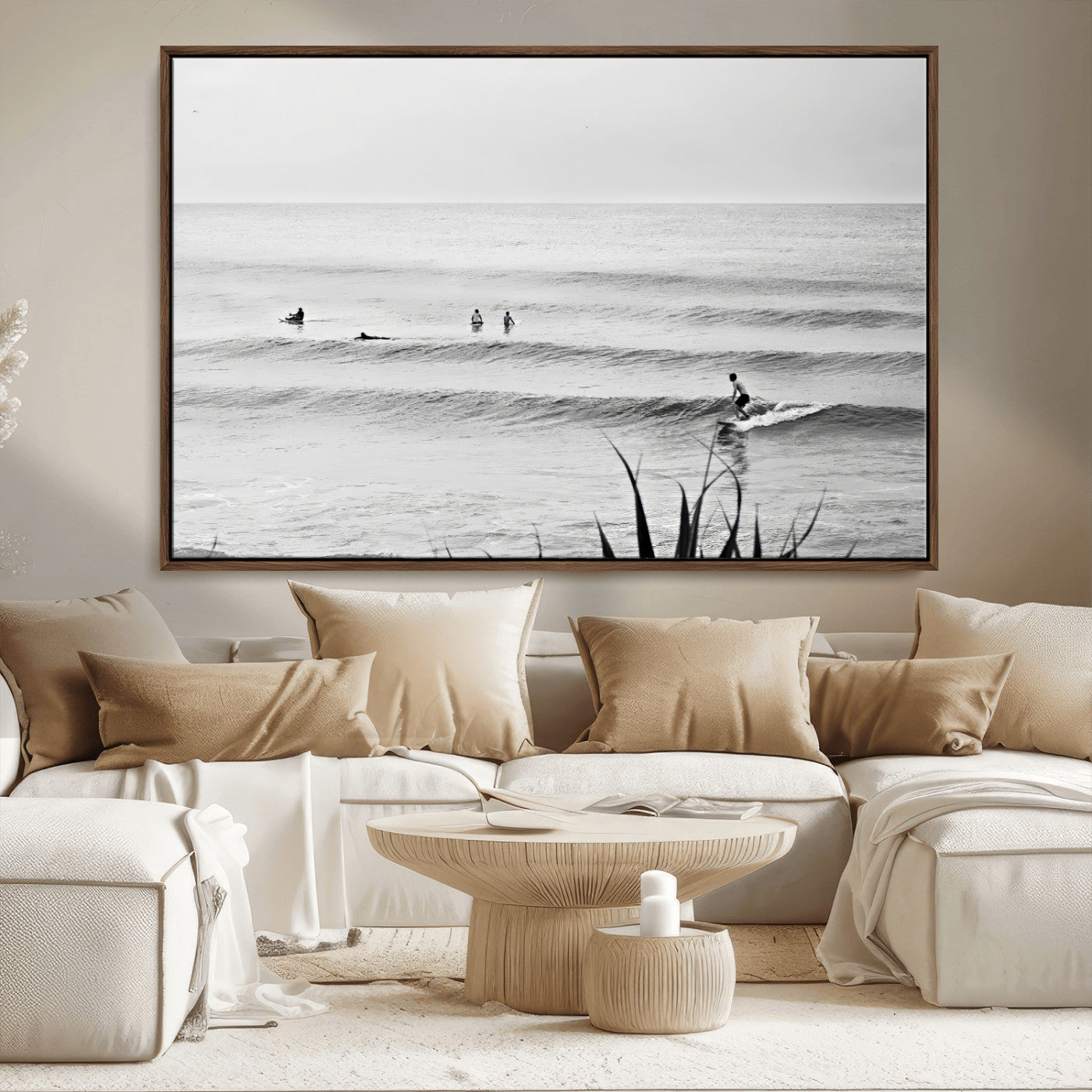 33821421-MGV-FC-36X24_Walnut-Surfer Silhouette Wall Art – Framed Calm Ocean Canvas Artwork, Monochrome Minimal Design, Modern Coastal Decor for Home, Office