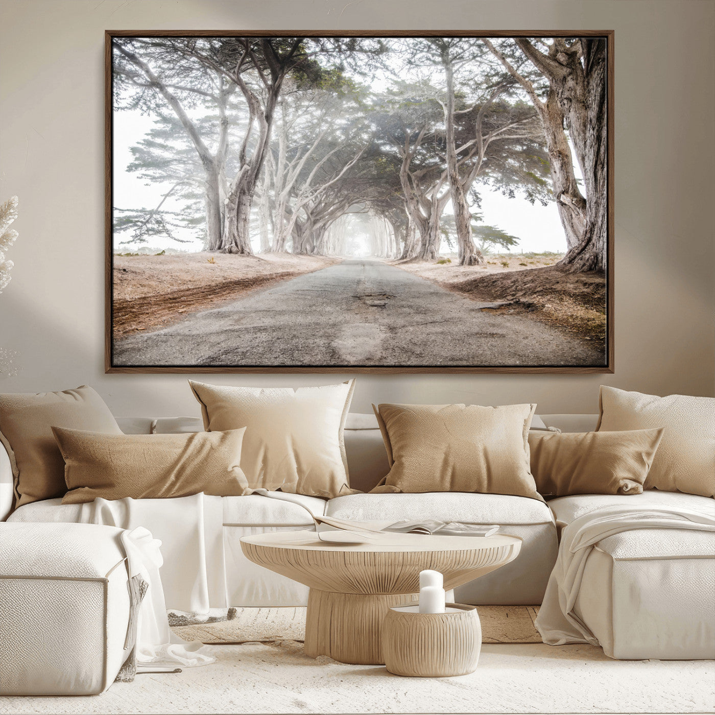 87090469-MGV-CV-36X24-Cypress Tunnel Wall Art – Framed Misty Road Canvas Artwork, Foggy Trees Design, Rustic Woodland Nature Decor for Home, Office
