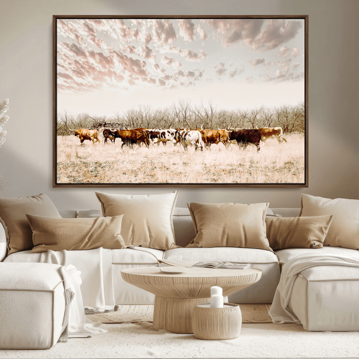 64892775-MGV-FC-36X24_Walnut-Longhorn Cattle Wall Art Canvas Print, Framed Texas Ranch Art Picture Print, Western Cow Perfect