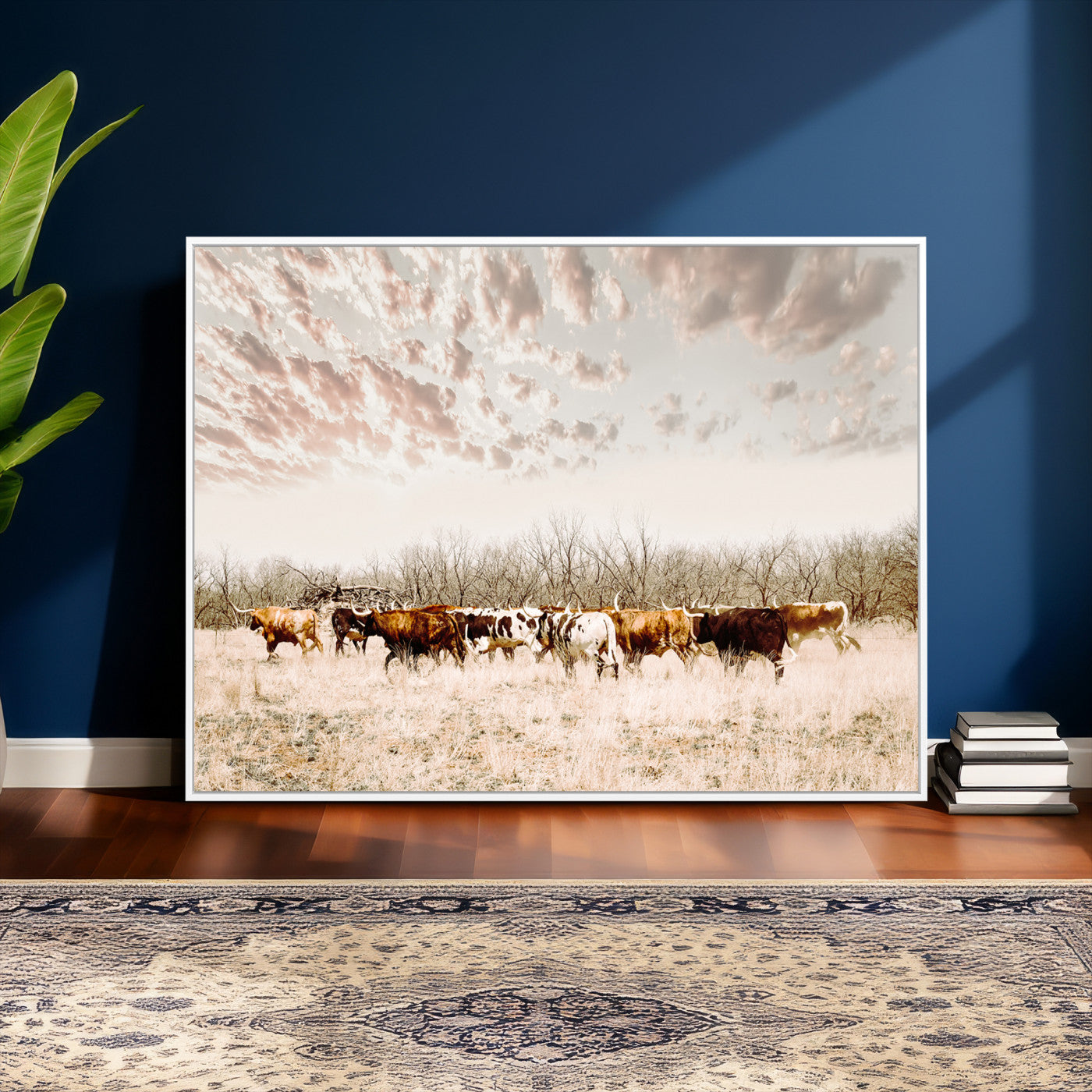 64892775-MGV-CV-36X24 - Longhorn Cattle Wall Art Canvas Print, Framed Texas Ranch Art Picture Print, Western Cow Perfect Western Decor Artwork