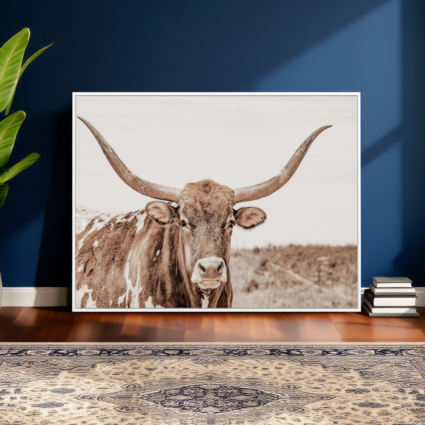 39964150-MGV-CV-36X24 - Longhorn Cow Wall Art Canvas Print, Texas Ranch Print, Framed Western Bull Art Print, Large BigHorn Cowboy Printing Perfect for County Decor