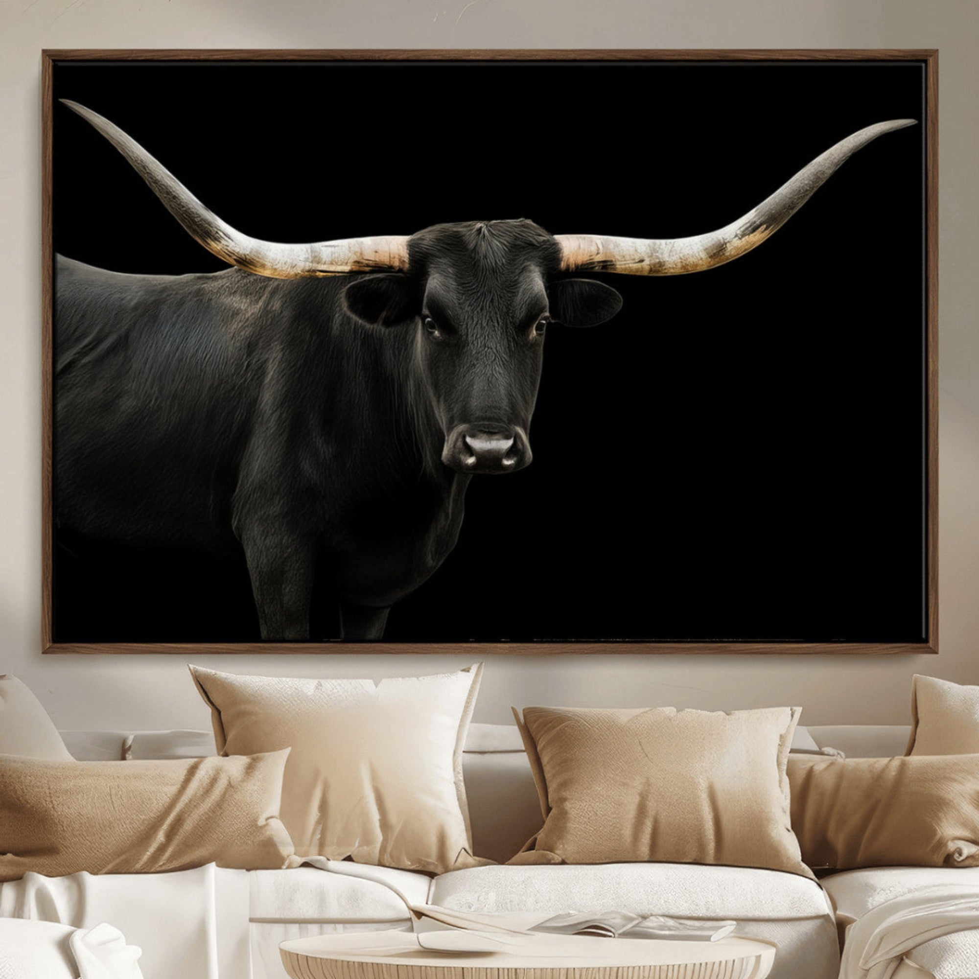 99448328-MGV-CV-36X24-Longhorn Cattle Wall Art Canvas Print – Framed Texas Ranch Scene with Western Cow Artwork for Home, Office, Living Room