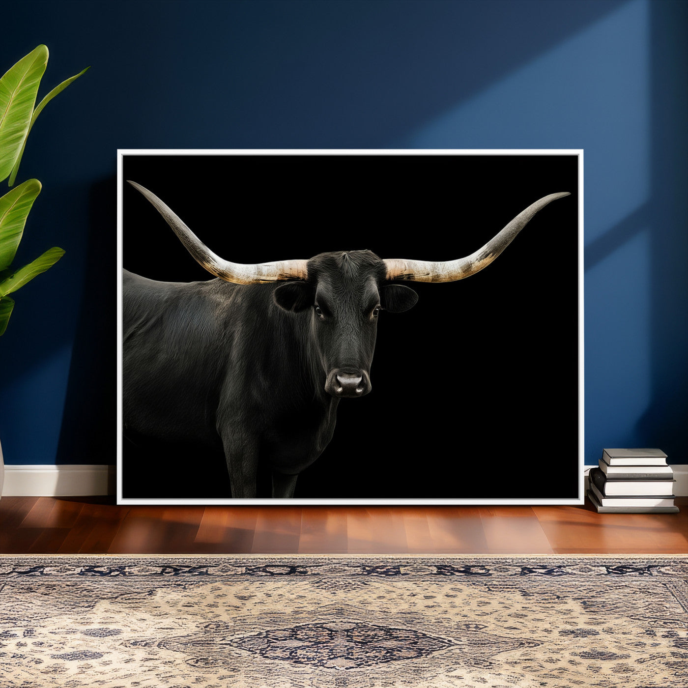 99448328-MGV-CV-36X24 - Longhorn Cattle Wall Art Canvas Print, Framed Texas Black Bull Art Picture Print, Western Cow Perfect Farmhouse Decor Artwork