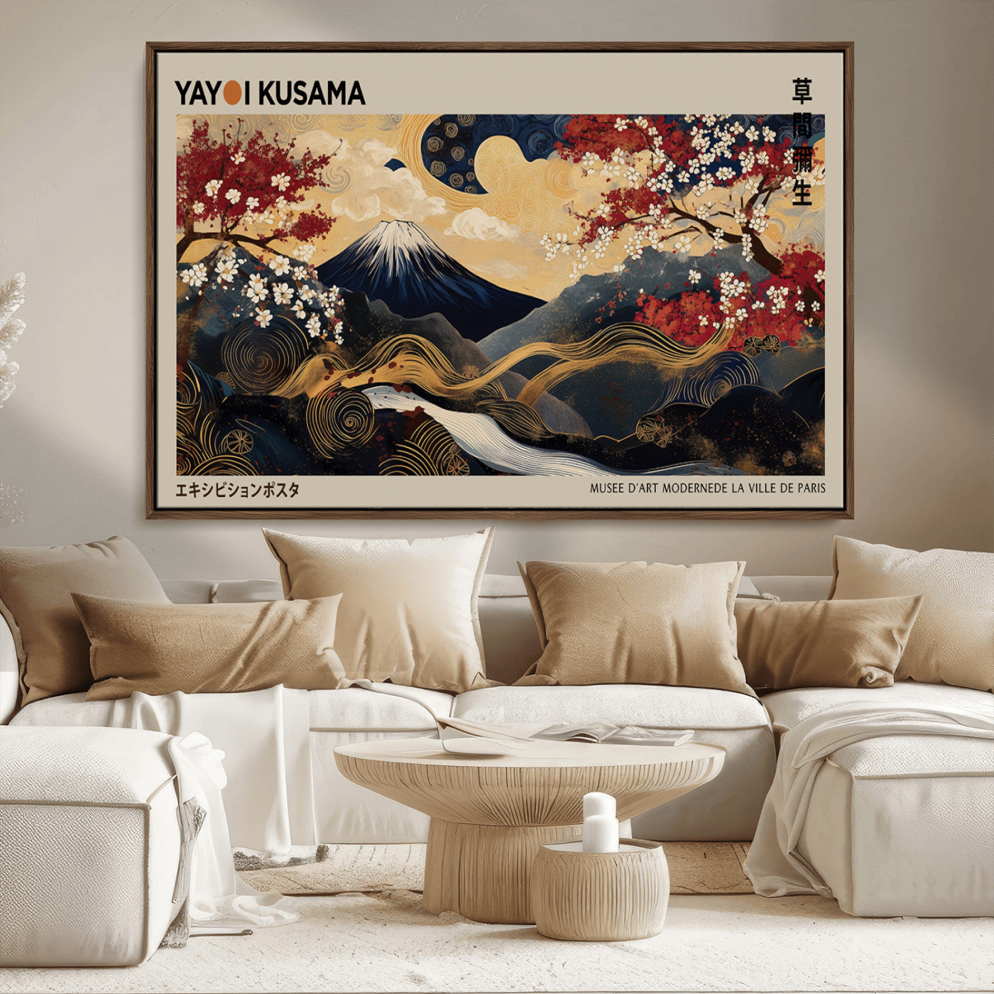 54967195-MGV-CV-36X24-Modern Japanese Wall Art Canvas Print – Framed Abstract Mount Fuji Scene with Yayoi Kusama Japanese Artwork for Home, Office