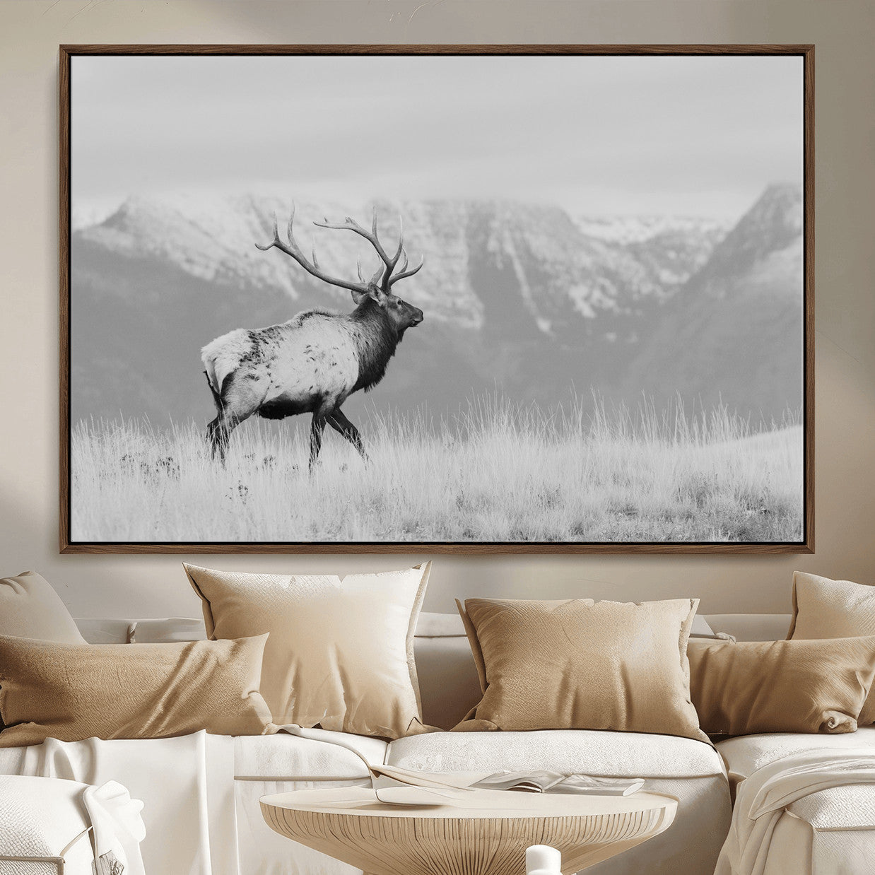 36150391-MGV-FC-36X24 - Wall Art Canvas Print – Majestic Elk Black & White Wilderness, Scenic Mountain and Grassland Landscape, Wildlife Nature Decor for Home or Office
