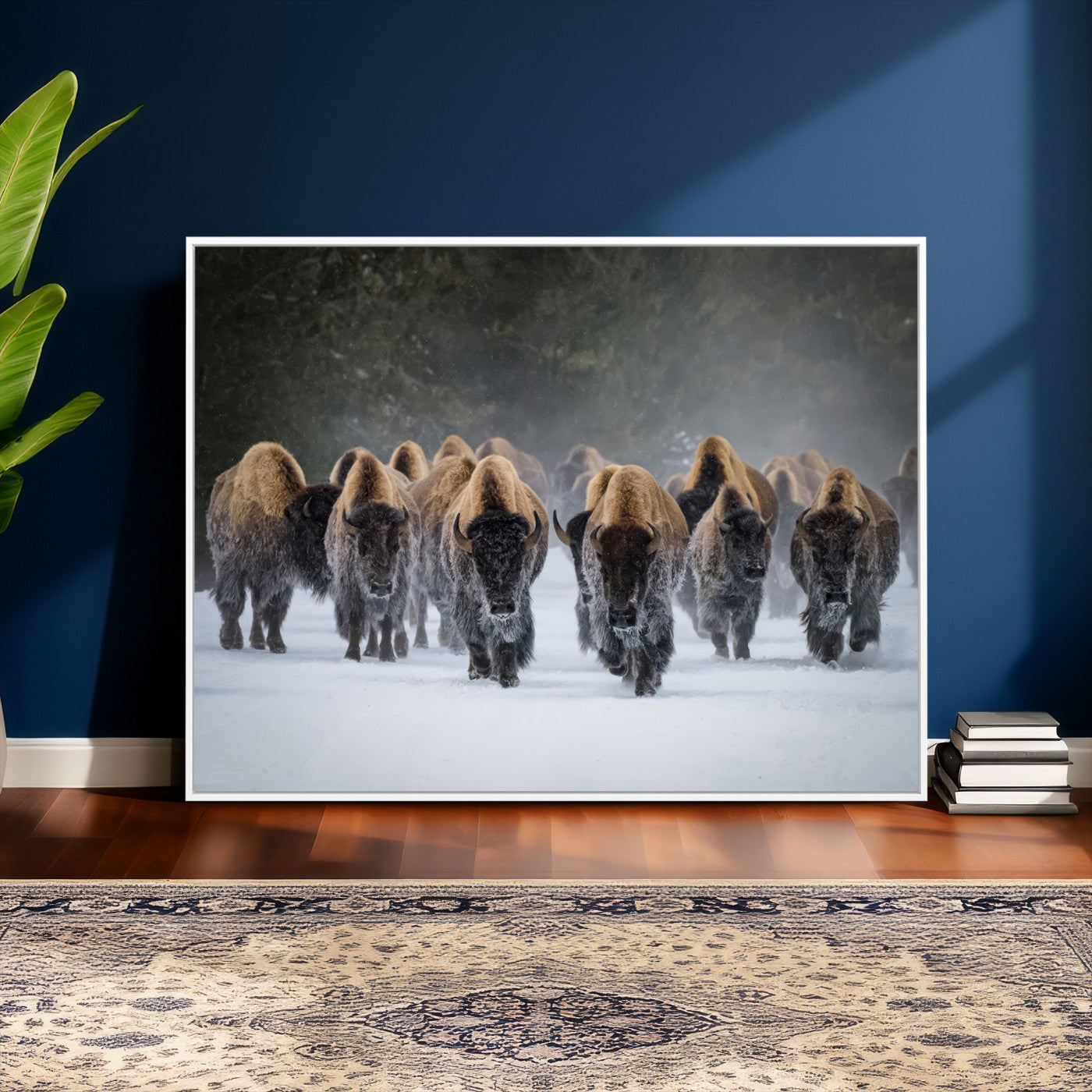 41669135-MGV-CV-36X24 - Winter Bison Herd Wall Art – Majestic Buffalo Charge Canvas Print with Snow Covered Plains, Rustic Wildlife Strength and Untamed Nature Decor for Home and Office