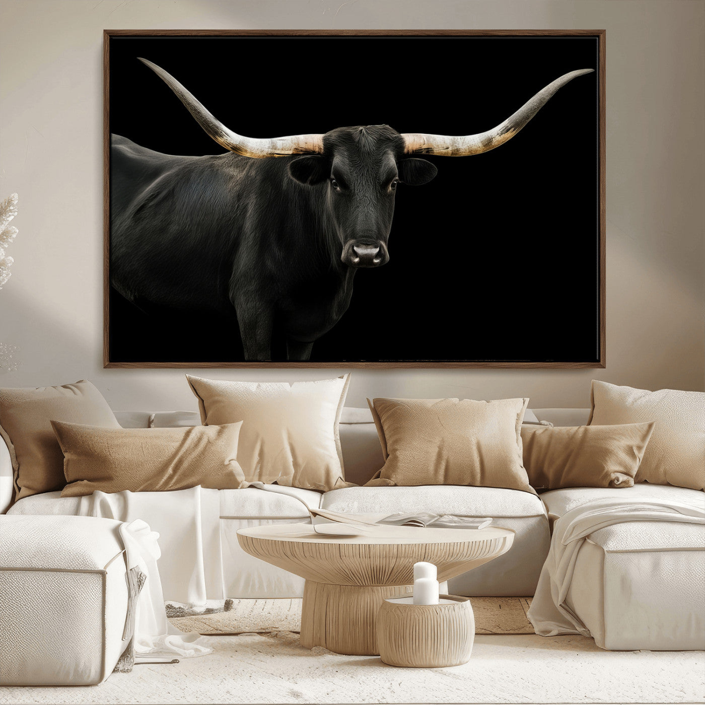 23572907-MGV-FC-36X24_Walnut-Texas Longhorn Wall Art Canvas Print, Framed Rustic Western Art Picture Print, Farmhouse Animal Perfect Modern Western Minimalist Decor Artwork