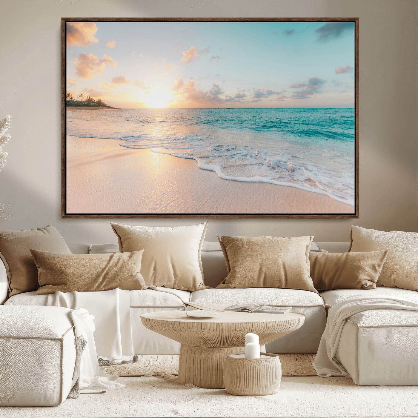 -Beach Sunset Wall Art Canvas Print – Framed Ocean Waves Summer Escape Coastal Nature Scene Artwork for Home Office