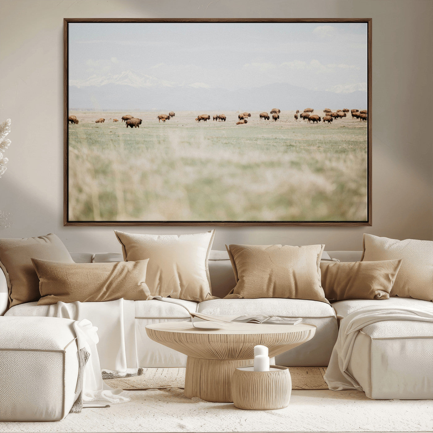 -Bison Herd Wall Art Canvas Print – Framed Western Bison Ranch Nature Scene Artwork for Home, Office, Living Room