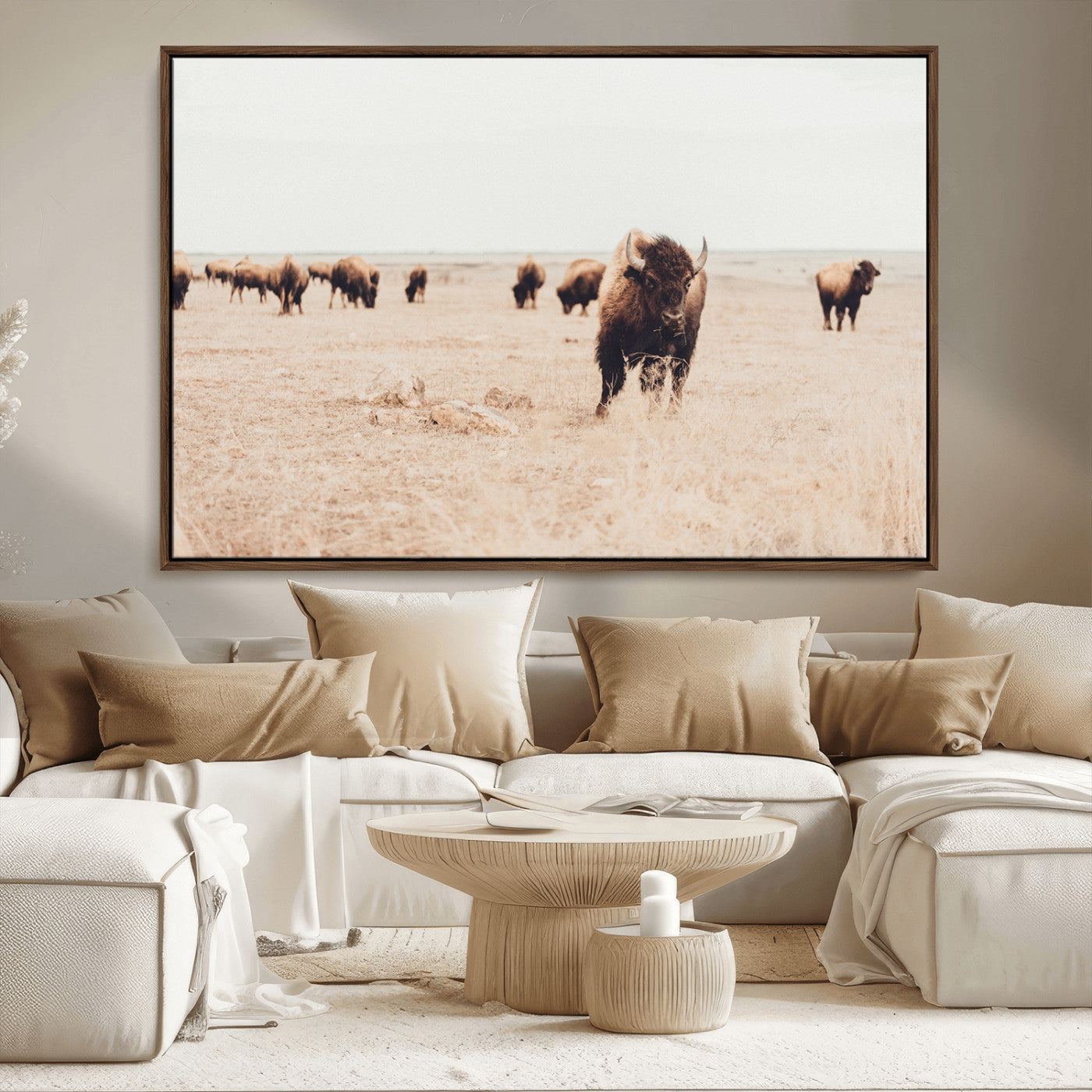 -Bison Herd Wall Art Canvas Print – Framed Western Prairie Serenity Ranch Nature Scene Artwork for Home Office