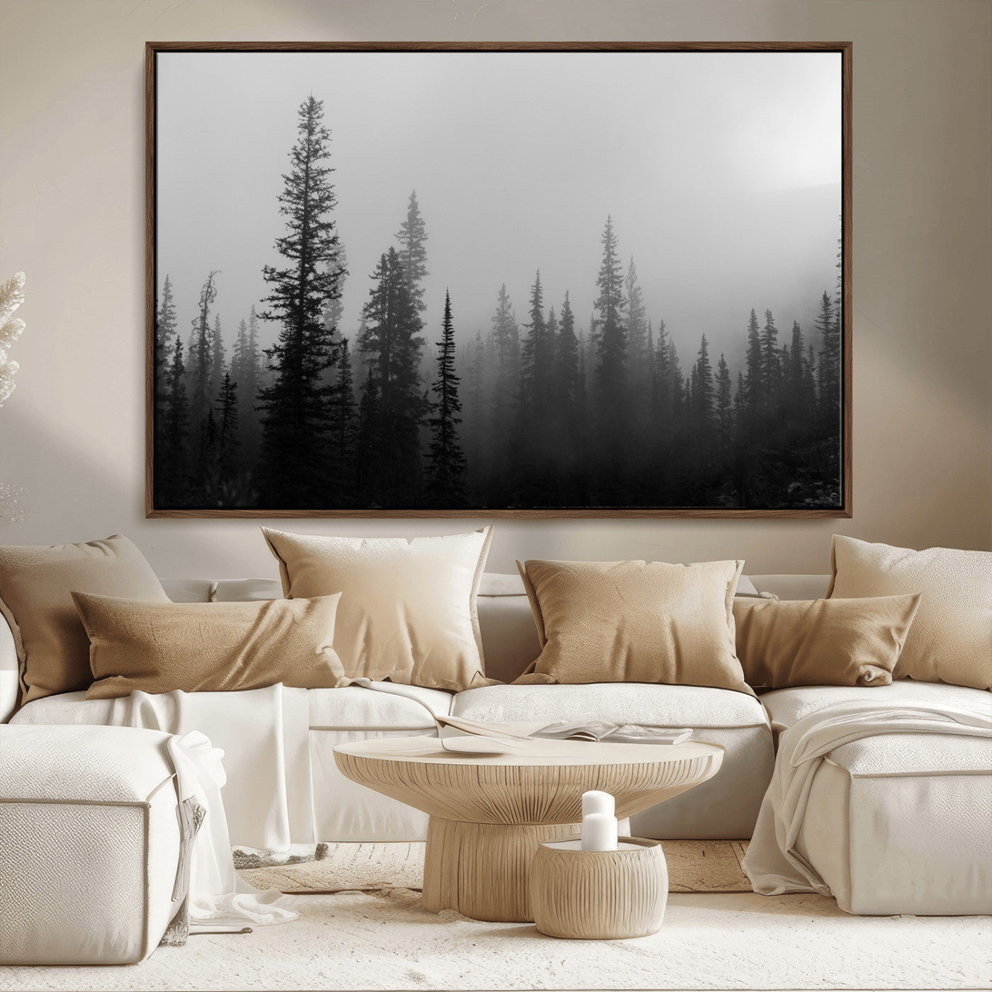 73138900-MGV-CV-36X24-Misty Pines Wall Art Canvas Print – Framed Woodland Minimalist Rustic Nature Scene Photography Artwork for Home Office