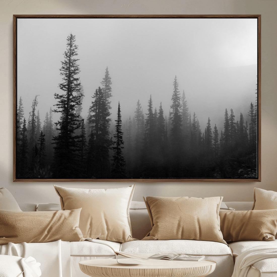Misty Pines Wall Art Canvas Print, Framed Woodland Minimalist Black and White