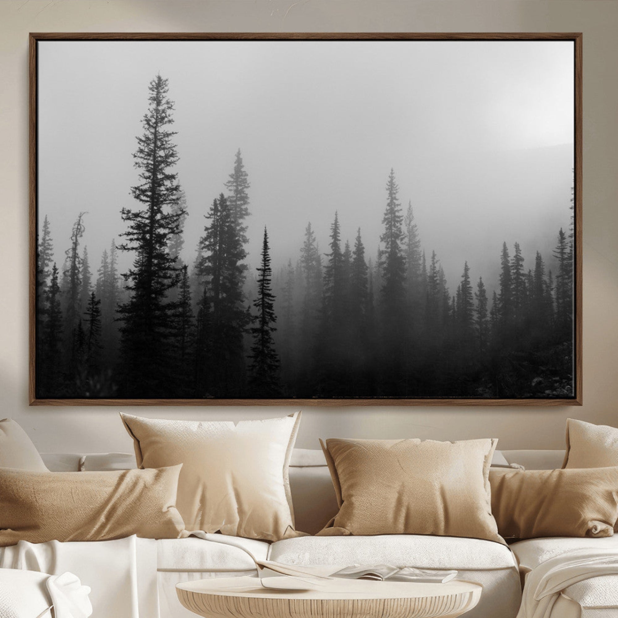 73138900-MGV-CV-36X24-Misty Pines Wall Art Canvas Print – Framed Woodland Minimalist Rustic Nature Scene Photography Artwork for Home Office