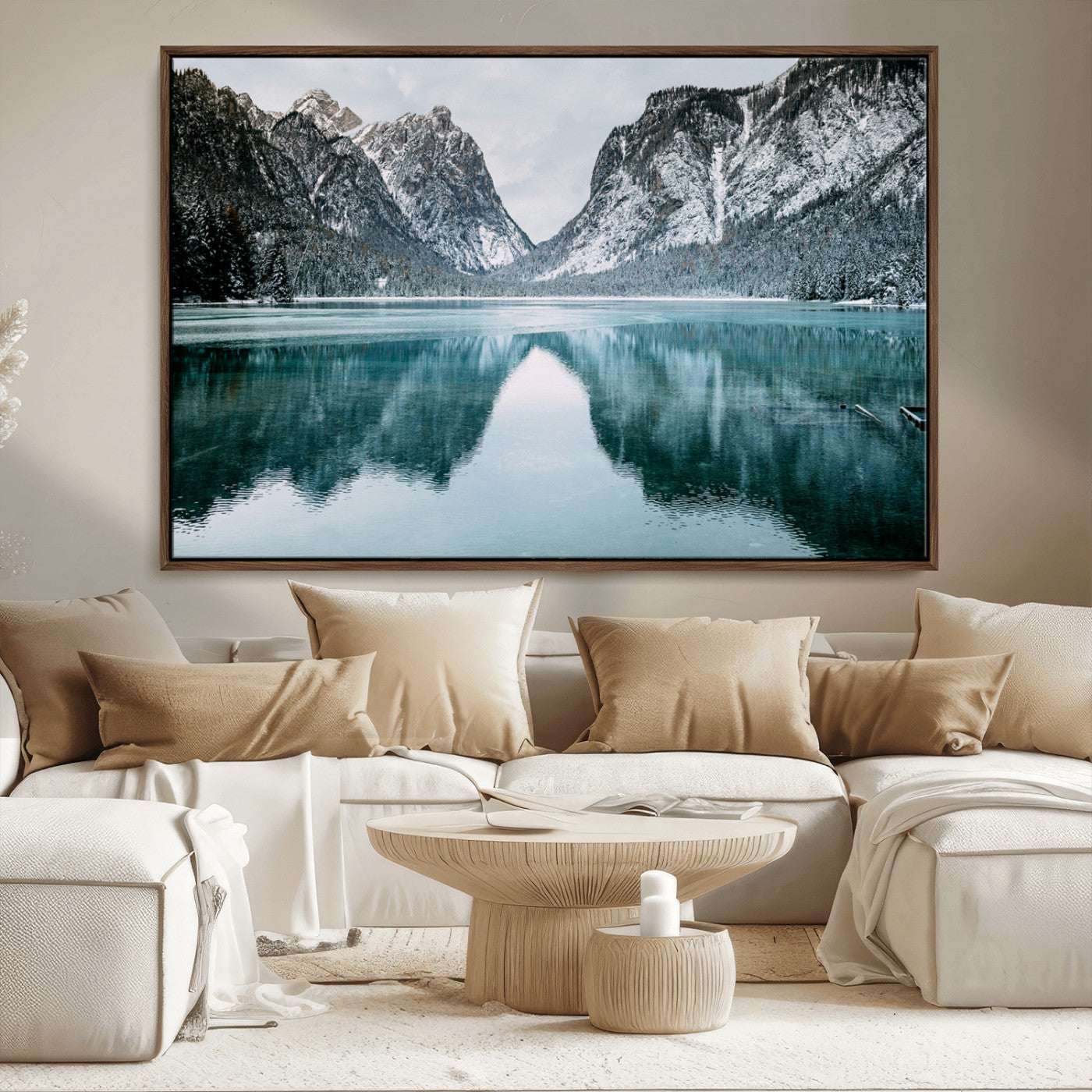 73098373-MGV-FC-36X24_Walnut-Mountain Lake Wall Art Canvas Print – Framed Snowy Peaks Wonderland Nature Scene Artwork for Home Office