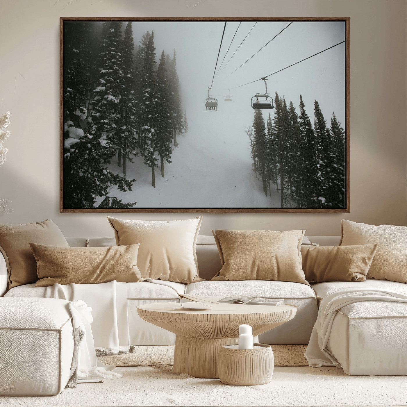 87018452-MGV-CV-36X24-Ski Lift Wall Art Canvas Print – Snowy Pines Misty Landscape Winter Serenity Artwork for Home, Office Decor