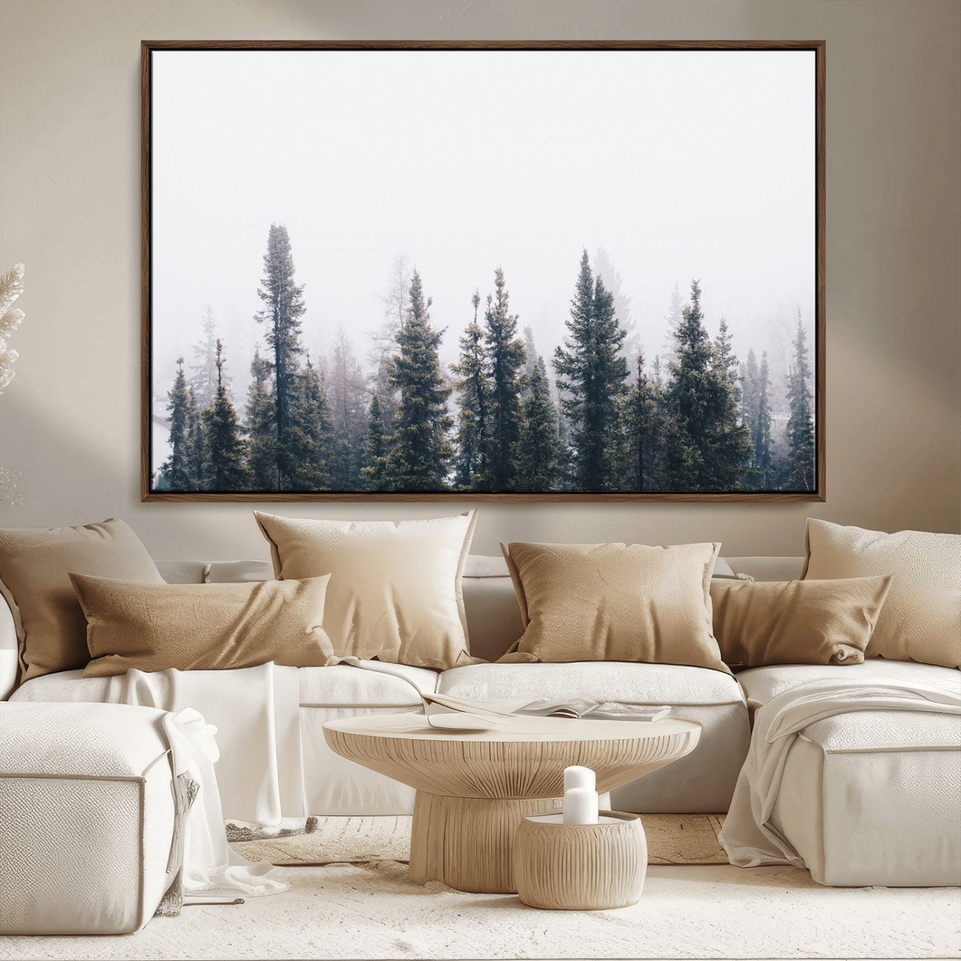42364796-MGV-FC-36X24_Walnut-Foggy Forest Wall Art Canvas Print – Framed Misty Pines Moody Woodland Nature Scene Artwork for Home Office