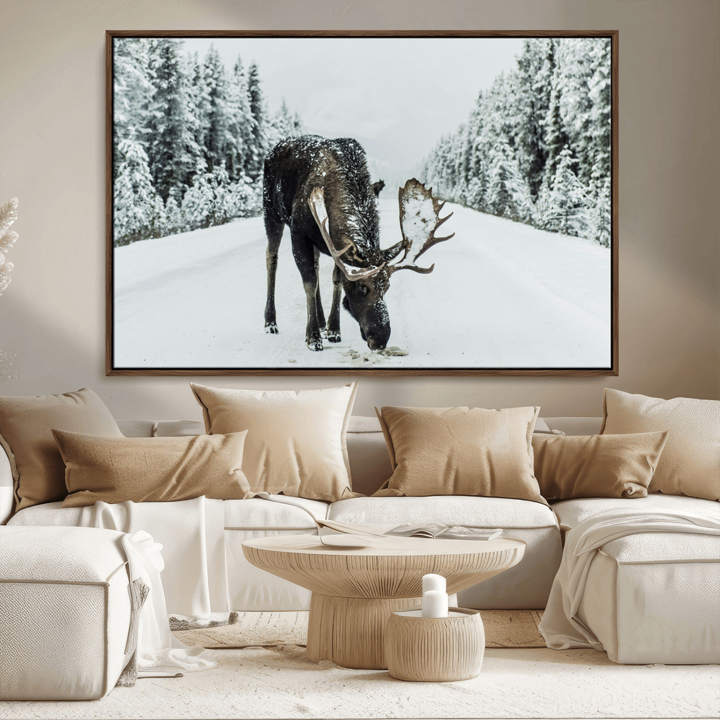 13316292-MGV-FC-36X24_Walnut-Moose Snow Wall Art Canvas Print – Framed Winter Wildlife Snowy Forest Nature Scene Artwork for Home, Office, Living Room