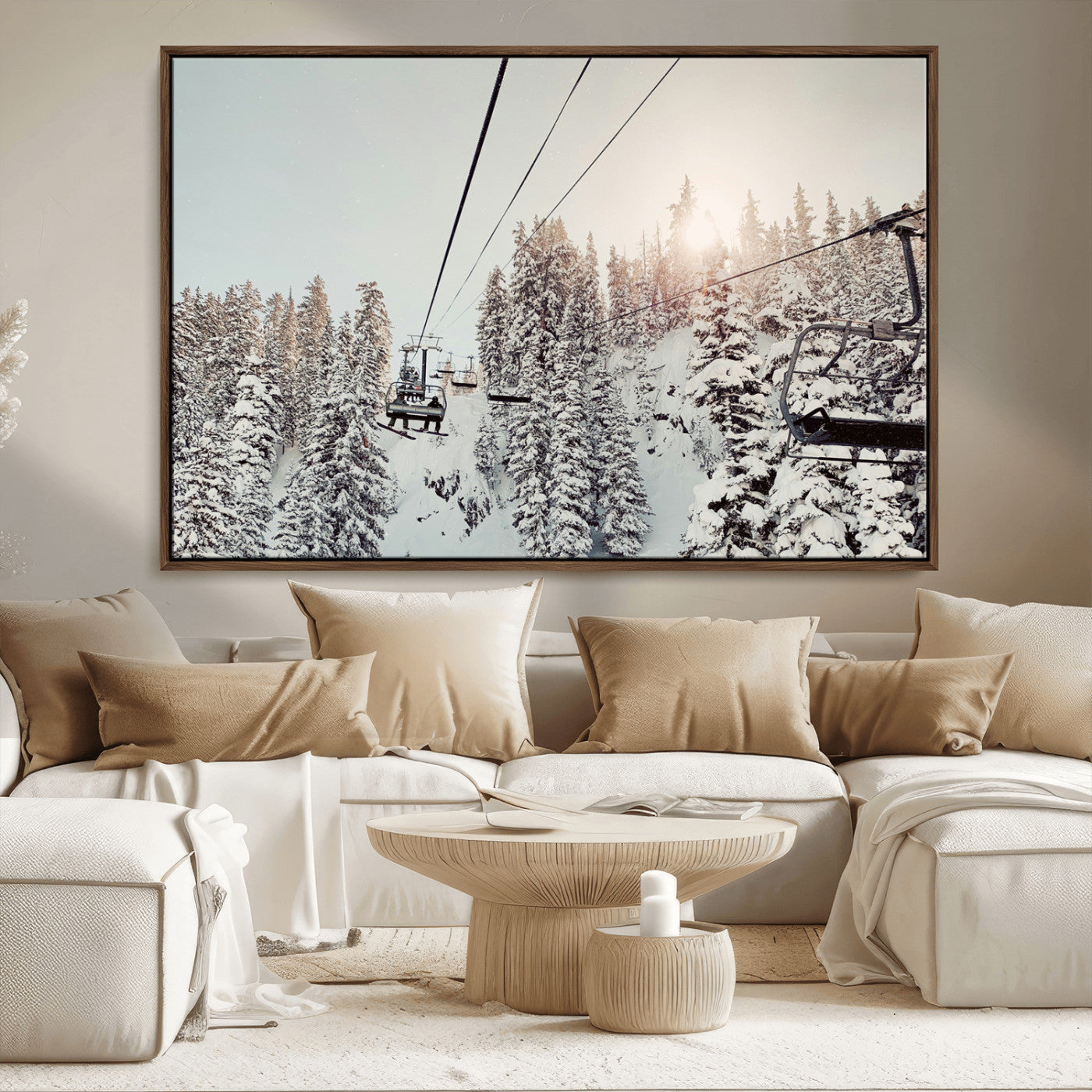 91534512-MGV-CV-36X24-Frosty Pines Wall Art Canvas Print – Framed Cozy Cabin Ski Lift Ride Winter Scene Artwork for Home Office