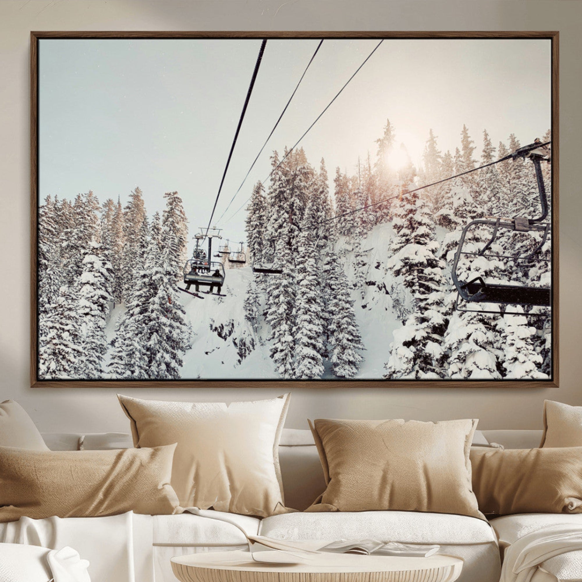 91534512-MGV-CV-36X24-Frosty Pines Wall Art Canvas Print – Framed Cozy Cabin Ski Lift Ride Winter Scene Artwork for Home Office