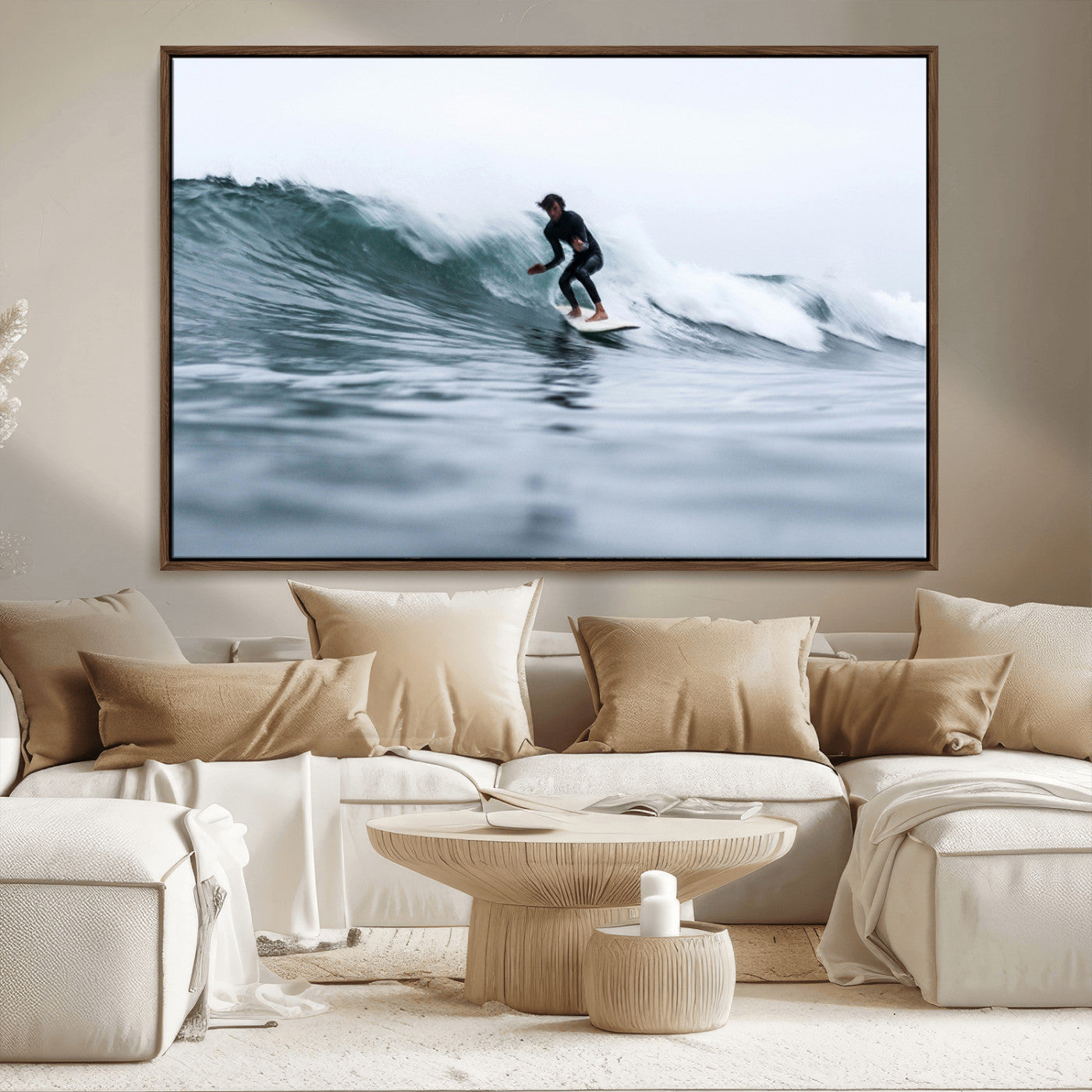 11693607-MGV-FC-36X24_Walnut-Surfer on Wave Wall Art Canvas Print – Framed Ocean Adventure Motion Blur Water Coastal Action Artwork for Home, Office