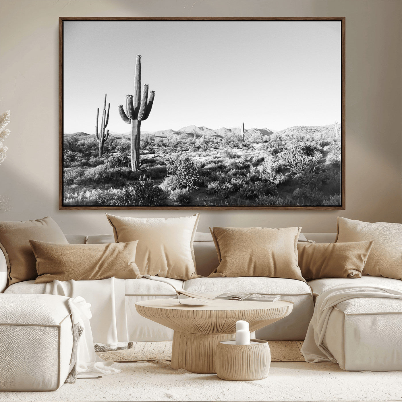 85205054-MGV-FC-36X24_Walnut-Saguaro Cactus Wall Art Canvas Print – Framed Monochrome Landscape Scenic Arizona Minimalist Western Artwork for Home, Office