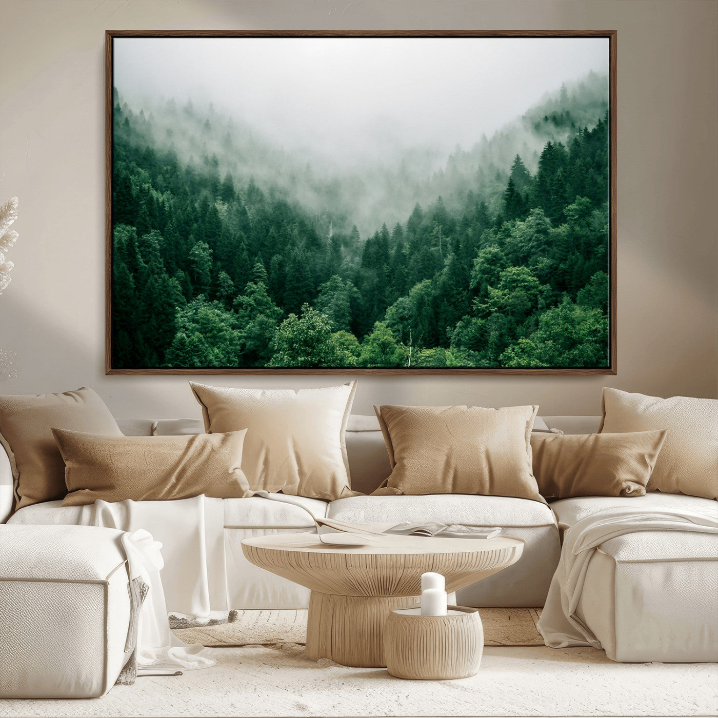 45265379-MGV-CV-36X24-Misty Green Forest Canvas Print – Framed Serene Foggy Pine Landscape Tranquil Nature Wall Art for Home, Office