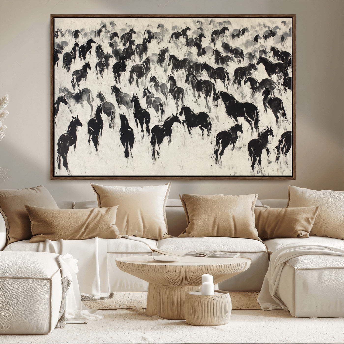 -Wild Horse Stampede Wall Art Canvas Print – Monochrome Running Horses Dynamic Motion Elegant Scene Artwork for Home, Office