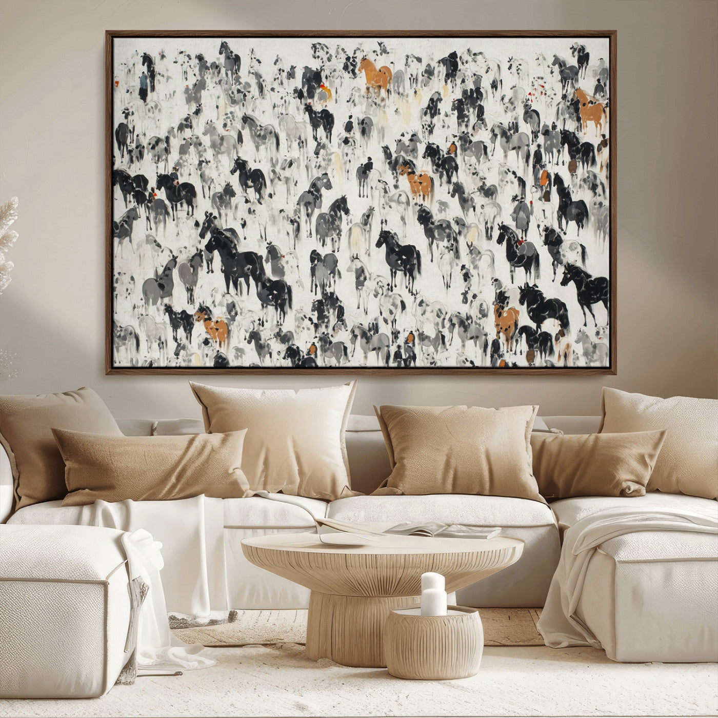 56463722-MGV-CV-36X24-Wild Horse Stampede Wall Art Canvas Print – Monochrome Running Horses Dynamic Motion Elegant Scene Artwork for Home, Office