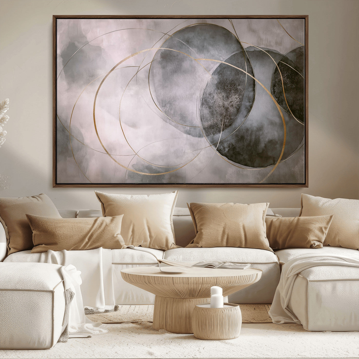 20066876-MGV-FC-36X24_Walnut-Abstract Grey Gold Circle Wall Art – Modern Geometric Canvas Artwork, Minimal Elegant Design, Luxury Wall Decor for Home, Office