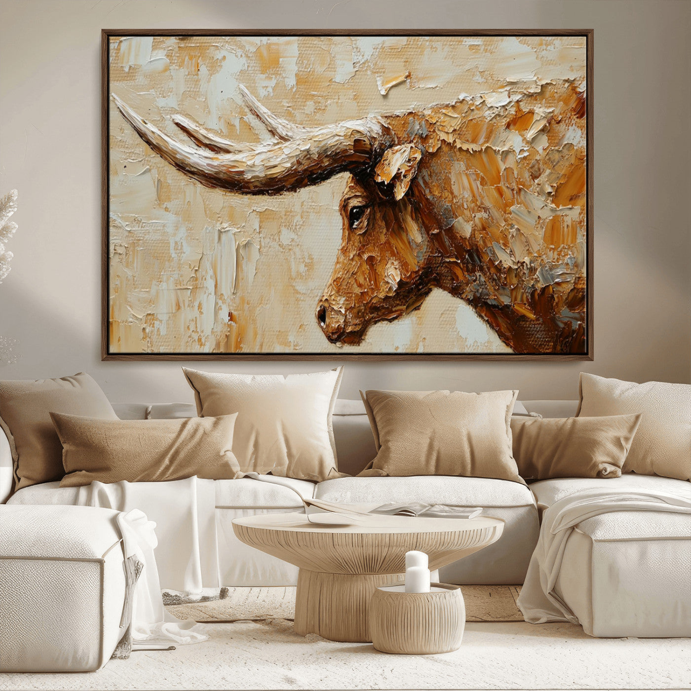 69611428-MGV-CV-36X24-Rustic Longhorn Bull Wall Art Canvas Print – Vintage Western Cattle Texas Steer Scene Artwork for home, office