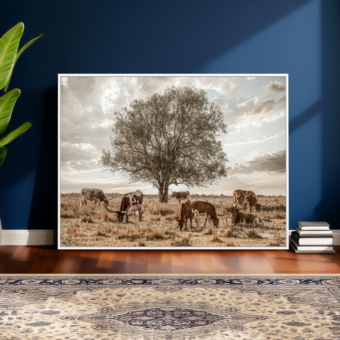 87590224-MGV-CV-36X24 - Texas Longhorn Cattle Wall Art Canvas Print – Rustic Western Ranch Scene with Steers at Sunset, Perfect for Farmhouse or Cowboy Decor