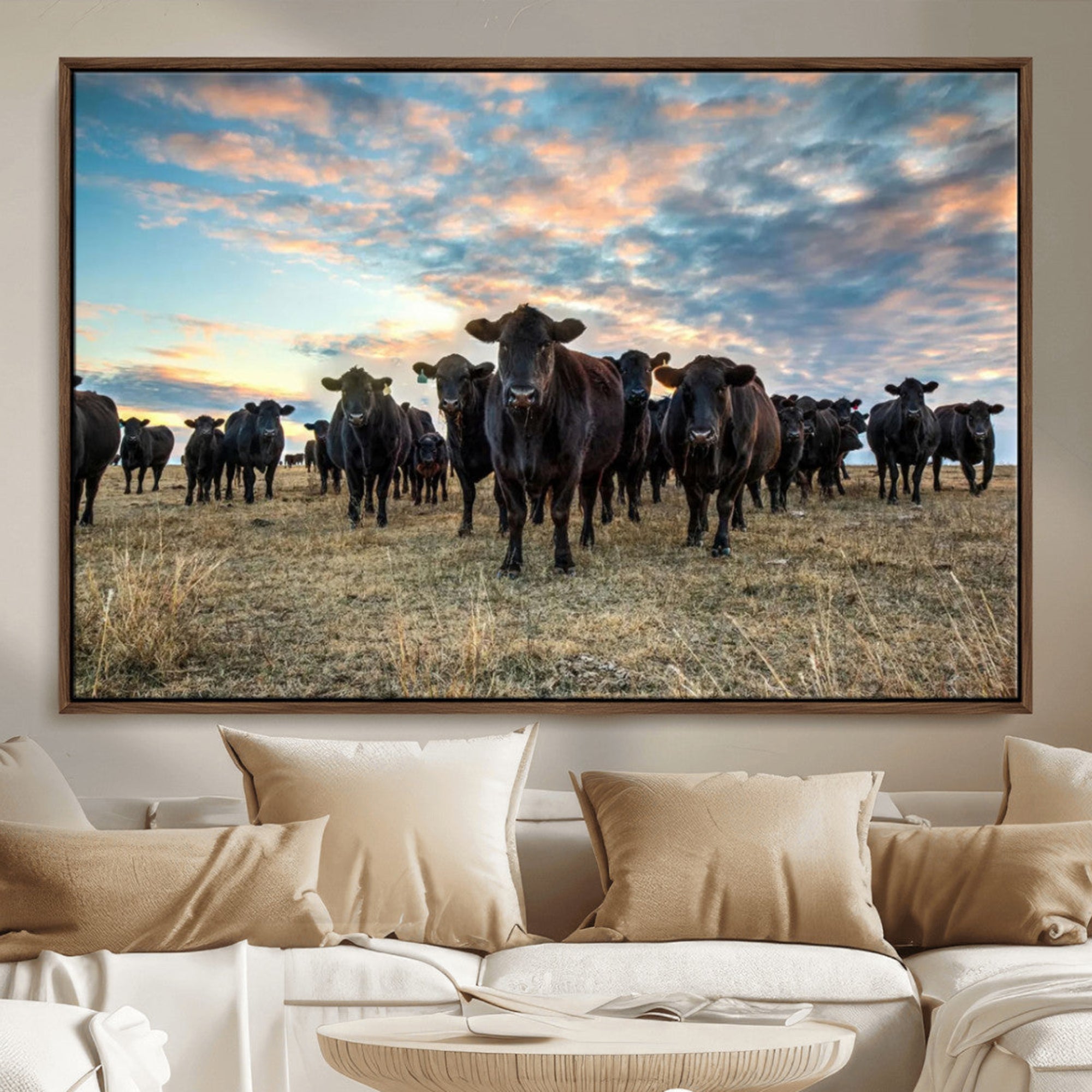 -Texas Longhorn Cattle Wall Art Canvas Print – Rustic Western Ranch Scene with Steers Sunset for Home, Office