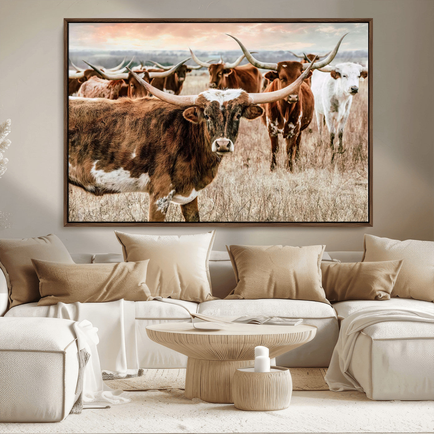 -Texas Longhorn Cattle Wall Art Canvas Print – Rustic Western Ranch Scene with Steers Sunset for Home, Office