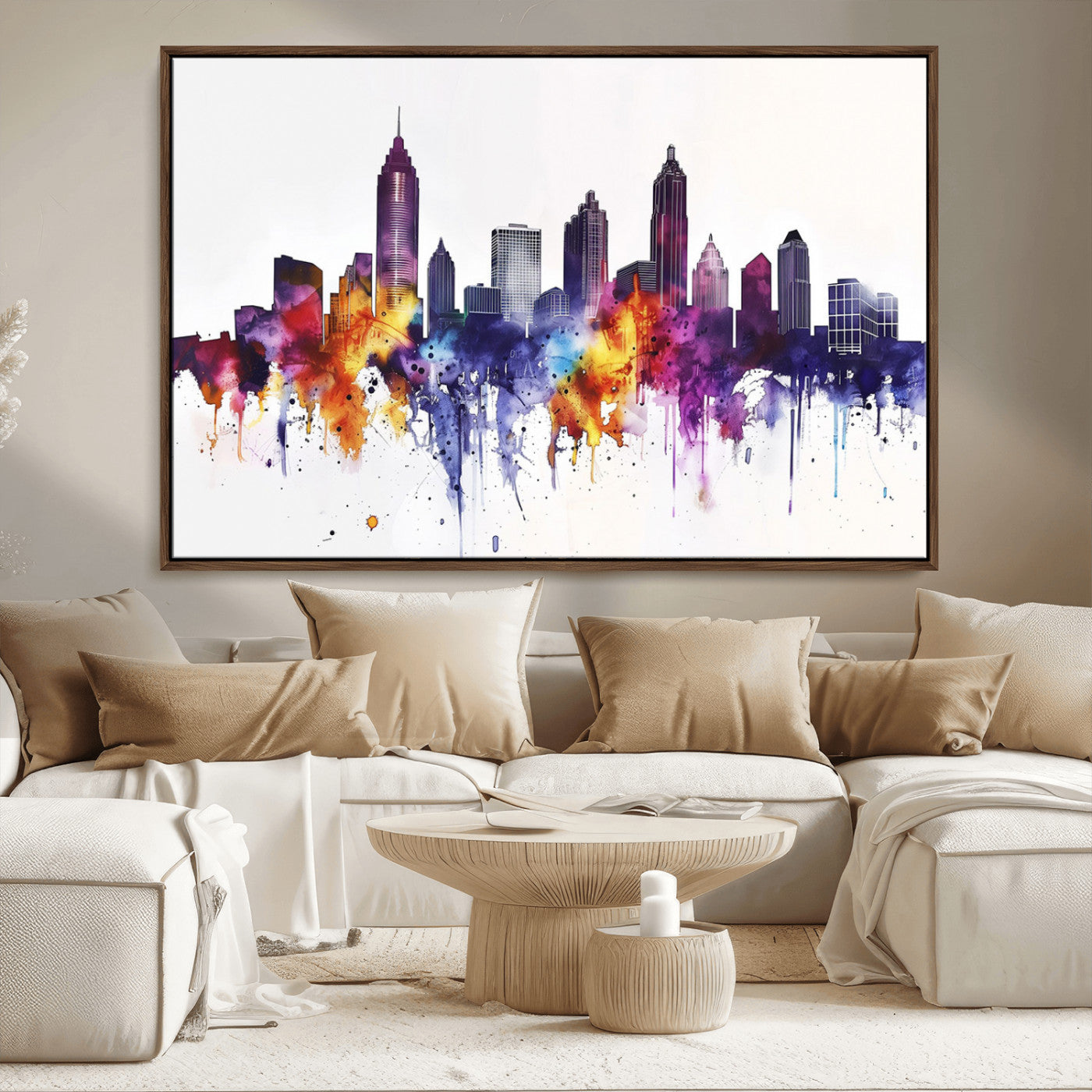 34479880-MGV-CV-36X24-Atlanta Skyline Wall Art Canvas Print – Framed Colorful Watercolor Cityscape Artwork for Home, Office, Living Room