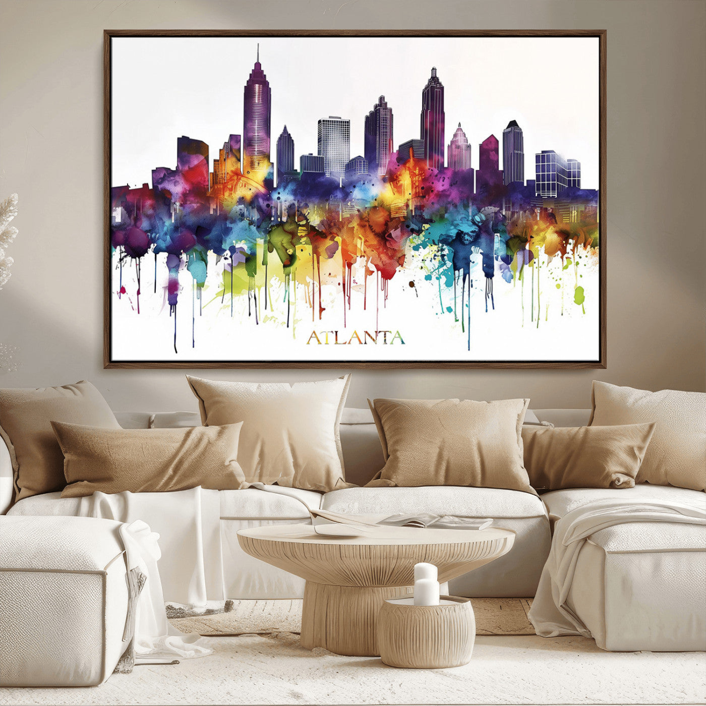 36048320-MGV-CV-36X24-Atlanta Skyline Wall Art Canvas Print – Framed Colorful Watercolor Cityscape Abstract Urban Artwork for Home, Office