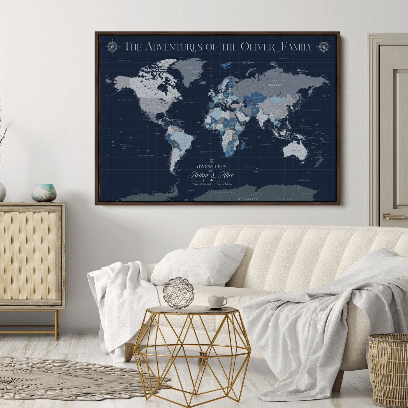 -Personalized Family Adventure World Map – Custom Framed Push Pin Travel Tracker Canvas, Elegant Wall Art for Home, Office