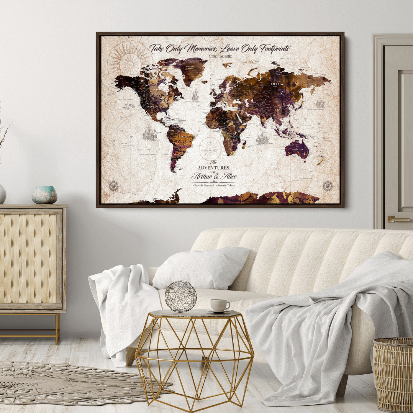 -Personalized World Map Canvas – Custom Framed Push Pin Travel Tracker, Elegant Wall Art Gift for Couples for Home, Office