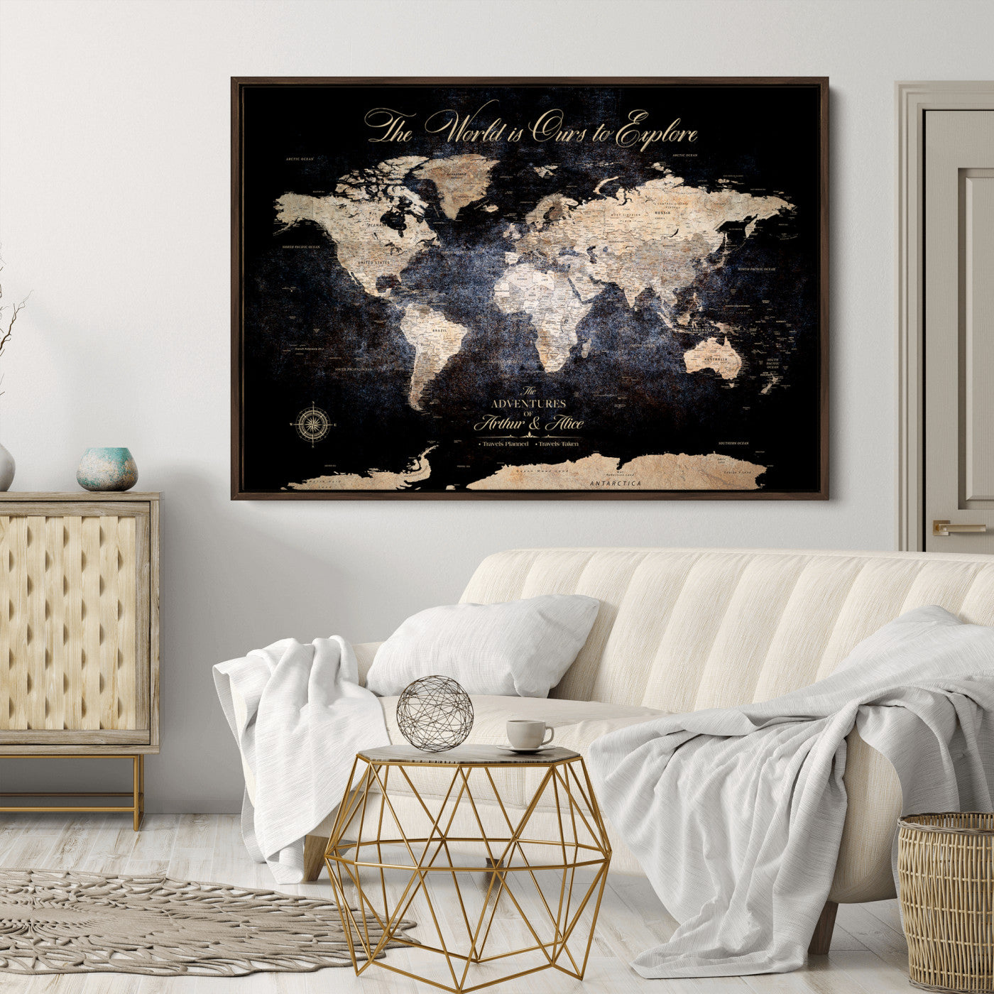 -Personalized Push Pin World Map Canvas Print Framed Custom Travel Tracker with 100 Pins Artwork for Home, Office