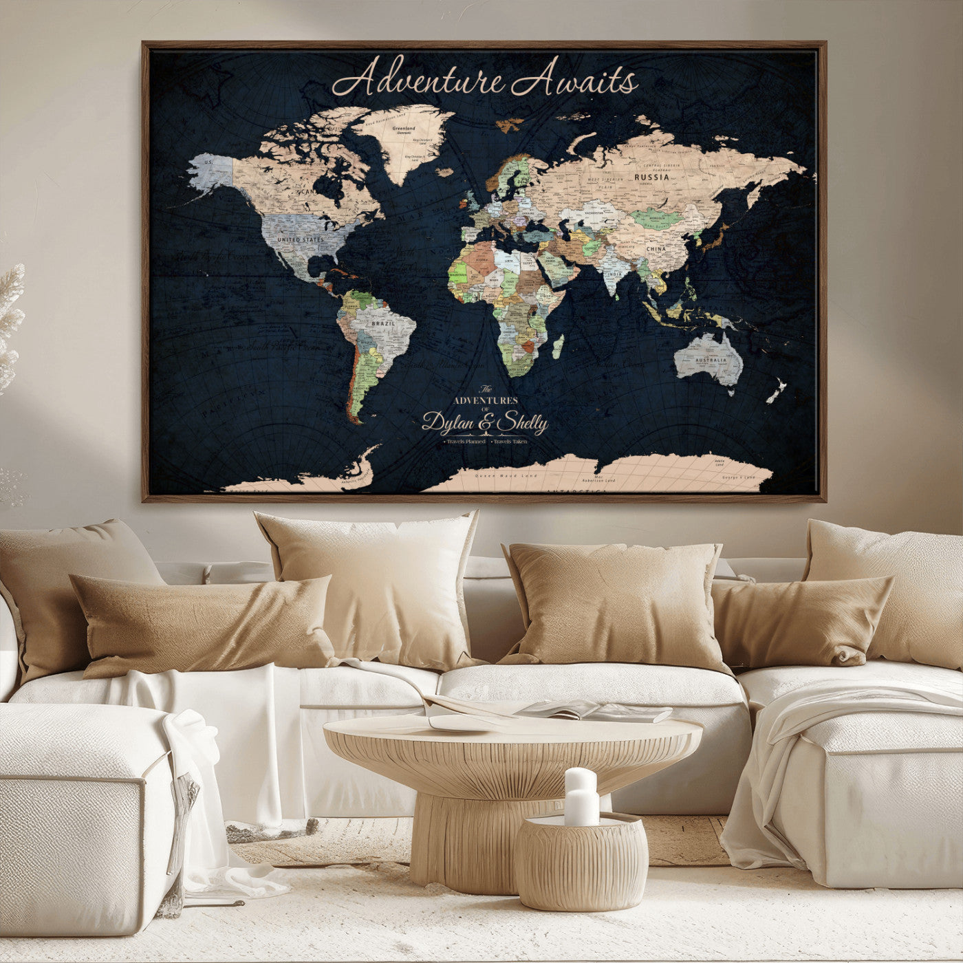 Rehber01-MGV-CV-36X24-Personalized World Map Canvas Print – Framed Push Pin Travel Wall Art for Couples – Adventure & Anniversary Gift