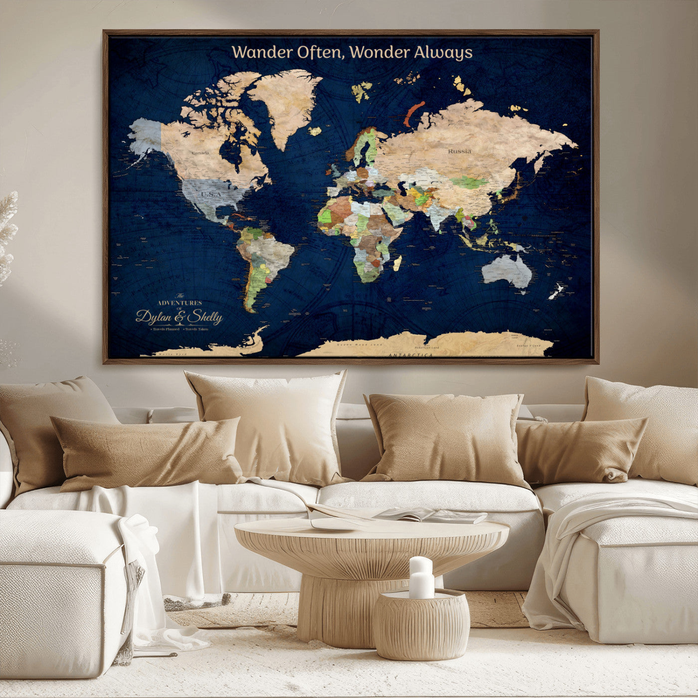 Rehber01-MGV-CV-36X24-Personalized World Map Canvas – Custom Framed Push Pin Travel Map Wall Art, Navy Blue Vintage Gift for Couples and Adventurers