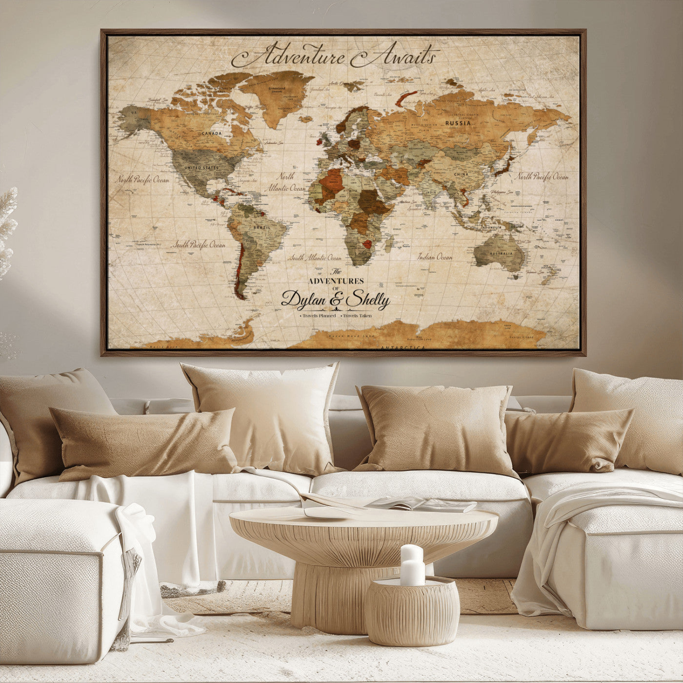 -Personalized Push Pin World Map Canvas Print – Custom Adventure Travel Map, Framed Wall Art Gift for Couples or Family
