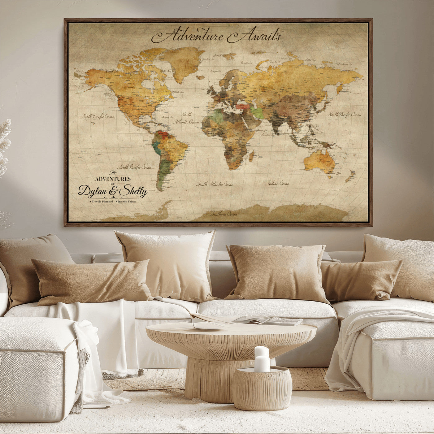 Rehber01-MGV-CV-36X24-Personalized World Map Canvas – Custom Framed Push Pin Travel Map Wall Art, Rustic Vintage Gift for Couples and Travel Lovers