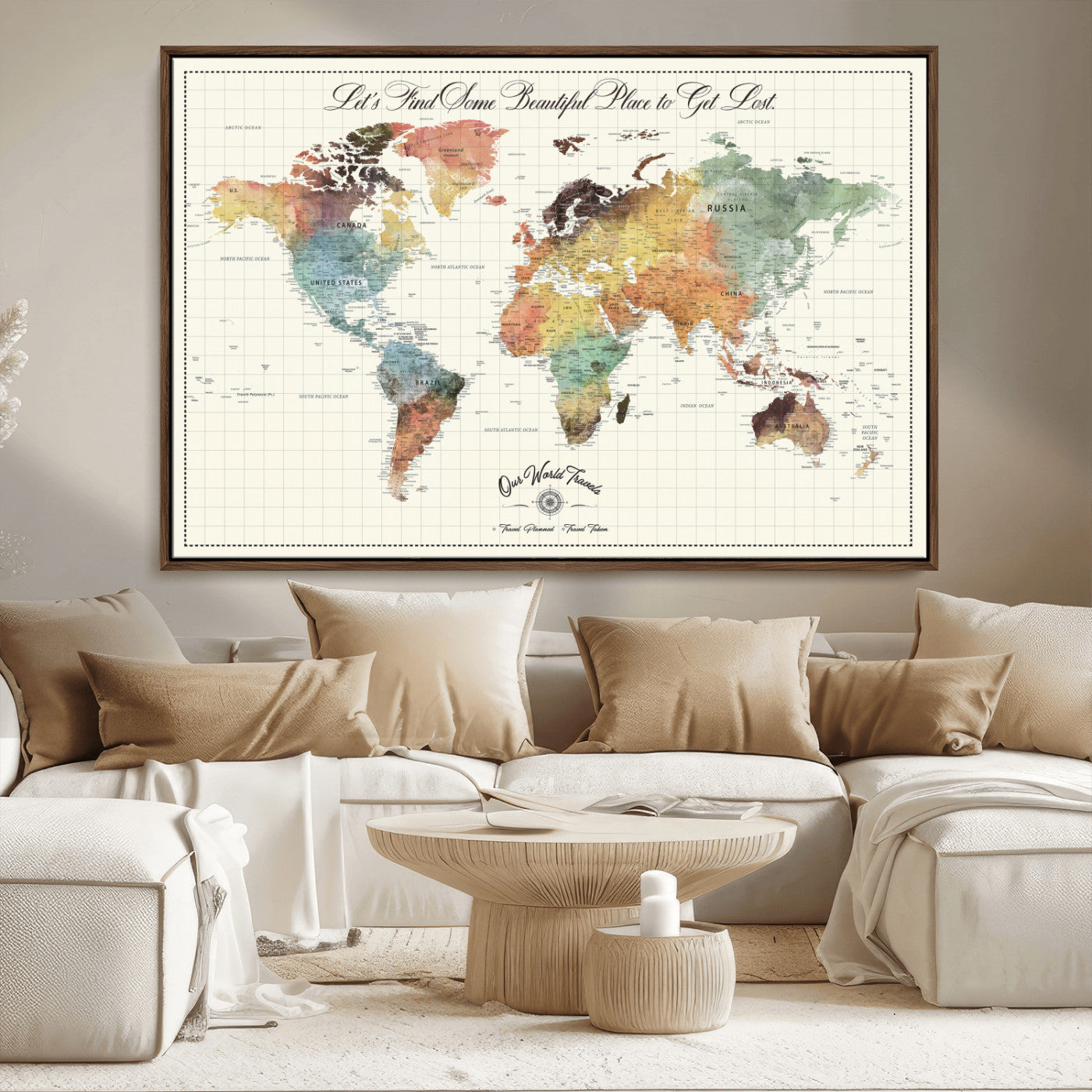 -Personalized Push Pin World Map Canvas Print – Custom Adventure Travel Tracker Map, Framed Wall Art Gift for Couples or Family