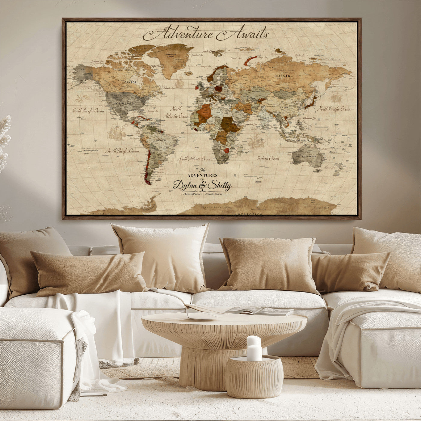 Rehber01-MGV-CV-36X24-Personalized World Map Canvas – Custom Framed Push Pin Travel Map Wall Art with Names, Vintage Style Gift for Couples