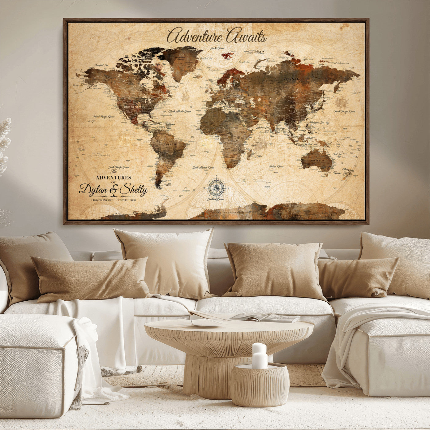 Rehber01-MGV-CV-36X24-Personalized World Map Canvas Wall Art – Custom Framed Push Pin Travel Tracker Print, Unique Gift for Home or Office Decor