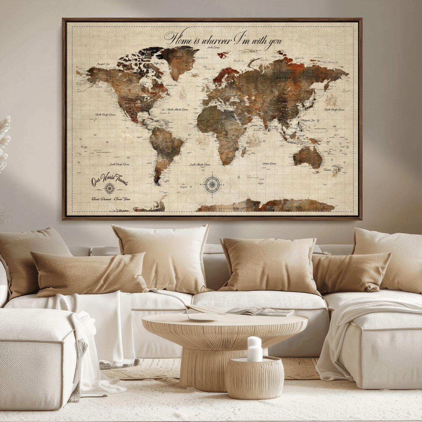 Rehber01-MGV-CV-36X24-Personalized World Map Canvas Wall Art – Custom Framed Push Pin Travel Tracker Print, Unique Gift for Home or Office Decor