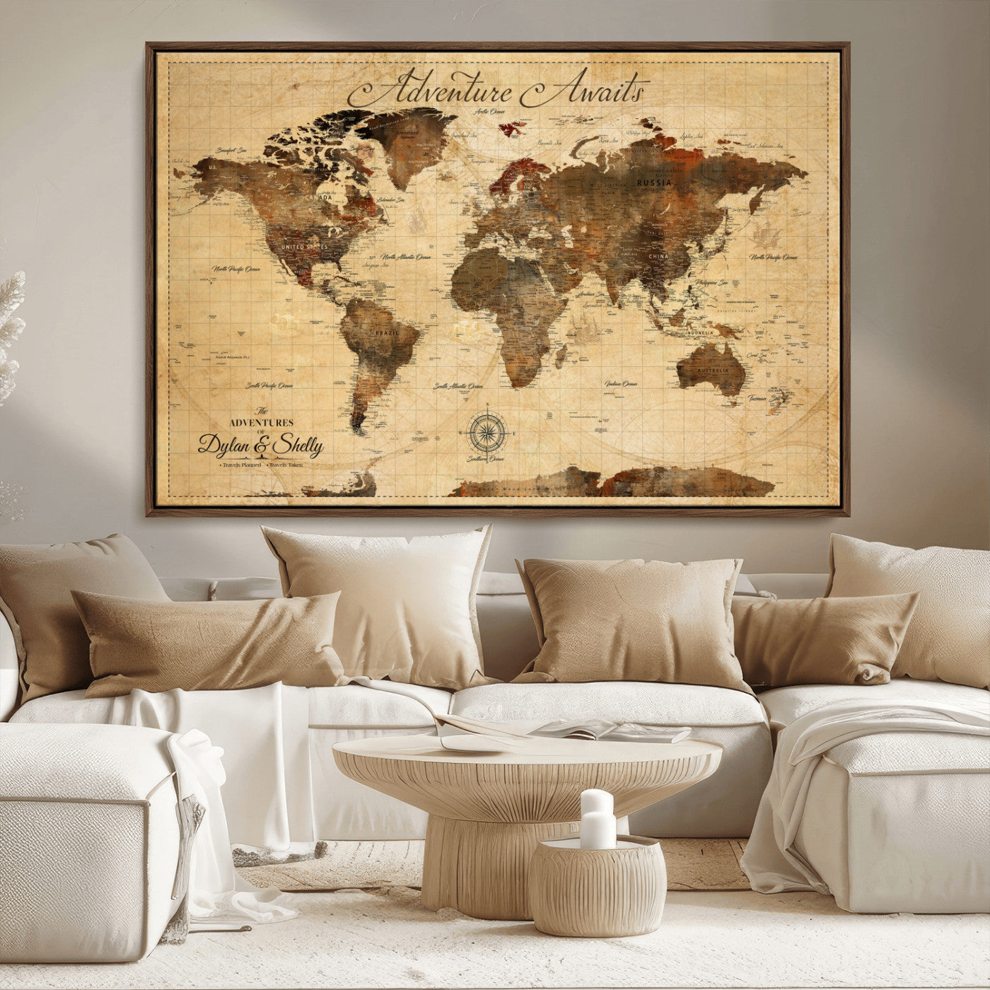 Rehber01-MGV-CV-36X24-Personalized World Map Canvas Wall Art – Custom Framed Push Pin Travel Tracker Print, Unique Gift for Home or Office Decor