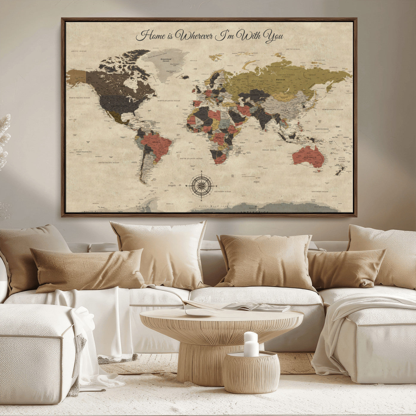-Personalized World Map Wall Art Canvas Print – Customizable Push Pin Framed Travel Map Artwork for Home Office