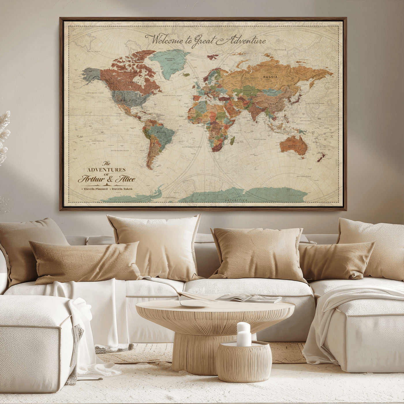 -Personalized World Map Canvas Wall Art – Custom Framed Push Pin Travel Tracker Print, Unique Gift for Home or Office Decor
