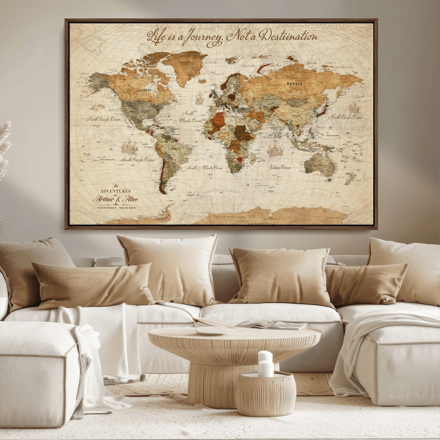 Rehber01-MGV-CV-36X24-Personalized Framed World Map Wall Art Canvas Print – Custom Push Pin Travel Tracker Handcrafted USA for Home Office